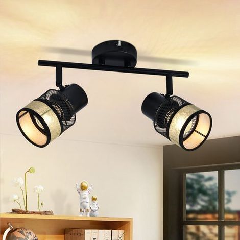 GBLY Deckenstrahler 2 Flammig Schwarz Deckenleuchte - Deckenspot Flur Metall Vintage E27 330°Schwenkbar LED Deckenlampe mit Gold Stoffschirm Max.25W für Wohnzimmer Schlafzimmer Küche