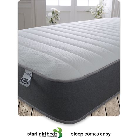 Starlight Beds – Shorty Mattress. 9 Inch Deep Sprung Shorty Memory Fibre Mattress with a Luxurious Jersey Knitted Fabric and Grey Border (2ft6 x 5ft9)