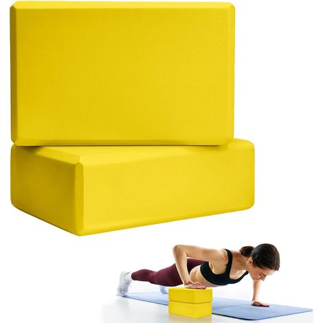 Set di 2 blocchi yoga in schiuma EVA ad alta densità, gialli, leggeri, per uso domestico, migliorano forza, equilibrio e flessibilità.