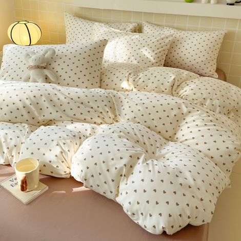 Housse de couette Brown Love avec 2 taies d'oreiller - Parure de lit en microfibre blanche - Drap de 1,8 m, housse de couette quatre pièces, drap de 1,8 x 2,2 m (1/5)
