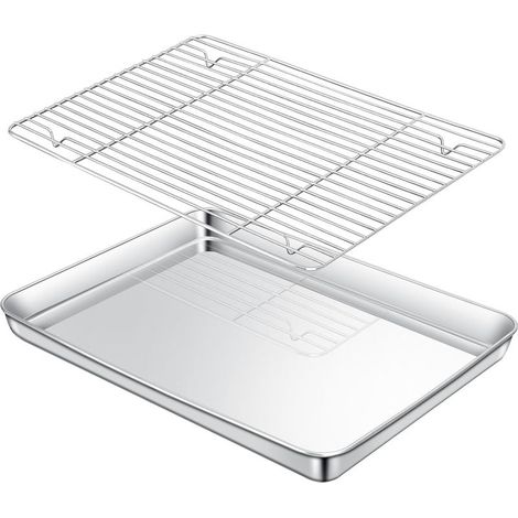 Plaque de cuisson avec grille de refroidissement amovible en acier inoxydable pour barbecue (poêle + 1 support) 32 x 22 cm (1/5)
