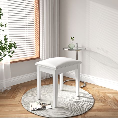 Sgabello da toeletta 51x38x24 cm bianco in legno massello con seduta imbottita in PU (1/5)