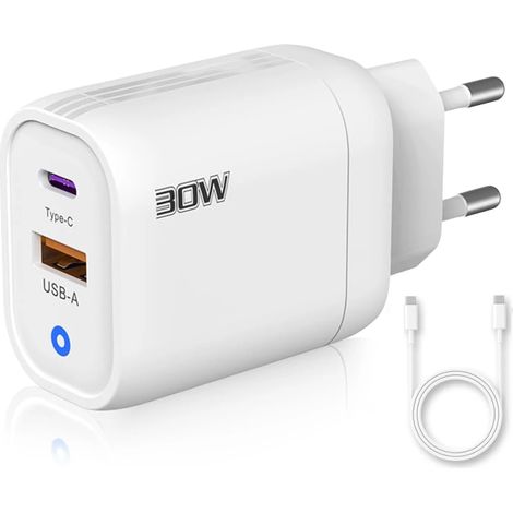 3 étoiles Chargeur USB 30 W Câble USB-C 2 ports : USB-C + USB-A Charge rapide QC 3.0 Certifié CE Compatible avec de nombreux appareils (1/5)