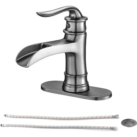 Robinet de salle de bain en acier inoxydable brossé, bec cascade à poignée unique avec bonde escamotable, 18,5 cm (7,3 po), finition nickel brossé (1/5)