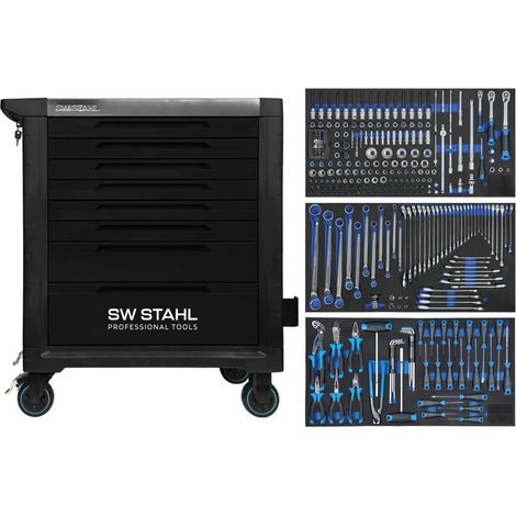 SW-Stahl Z3209 Profi Werkstattwagen TT802 schwarz I 8 Schubladen I 3 Schubladen gefüllt I 304 teilig I Werkstatt Rollwagen mit Werkzeug bestückt I Twin-Lock I Werkstattwagen kit I voll ausgestattet (1/5)