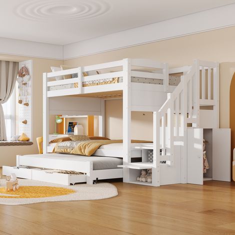 Lit superposé 90x200 cm avec lit escamotable, 2 tiroirs, escalier de rangement à plusieurs niveaux et armoire, blanc. (1/4)