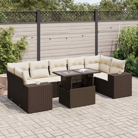 Ensemble de jardin 8 places en résine tressée marron avec coussins crème, table réglable et rangement, Salon extérieur modulaire canapés d'angle (1/4)