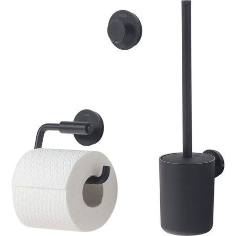 Ensemble de Toilette, 3-Pièces, Brosse et Porte Papier de Toilette, Crochet Adhésif, Mural de Salle de Bains, Noir (1/5)