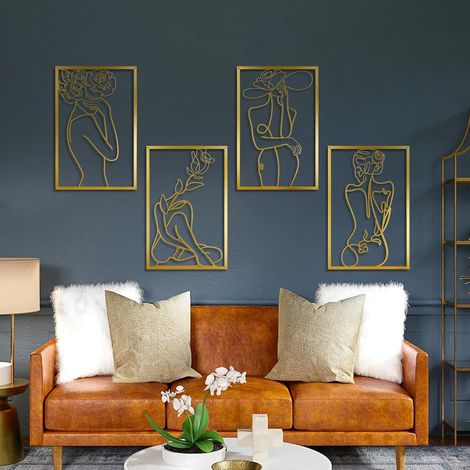 Decoration Murale Metal, Minimaliste Cadre Deco Metal Art Mural, Moderne Abstrait Forme de Femme pour Chambre Maison (Doré) (1/5)