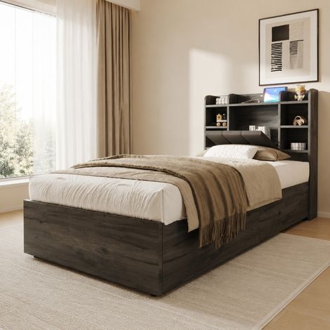 Letto singolo 90x200 cm in pannelli di legno grigi con contenitore, senza materasso - FLORAGRACE (1/5)