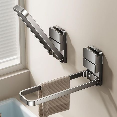 Barra para toallas con ventosas, no requiere taladrar - 22 cm - Montaje en pared - Barra para toallas plegable con doble brazo, apta para baños y cocinas. (1/5)