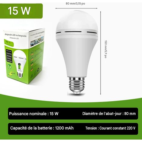 Ampoule LED de secours rechargeable E27 15W, Ø80 mm, lampe de secours avec batterie 1200mAh