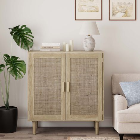 Meuble de rangement 80 x 40 x 88 cm - MDF naturel et rotin - 2 portes, poignées bois massif (1/5)