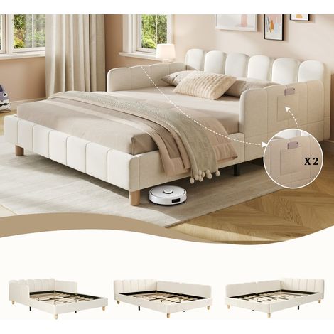 Lit enfant double 140x200cm capitonné velours beige, tête de lit rembourrée, protection antichute, pieds en bois massif (sans Matelas) (1/5)
