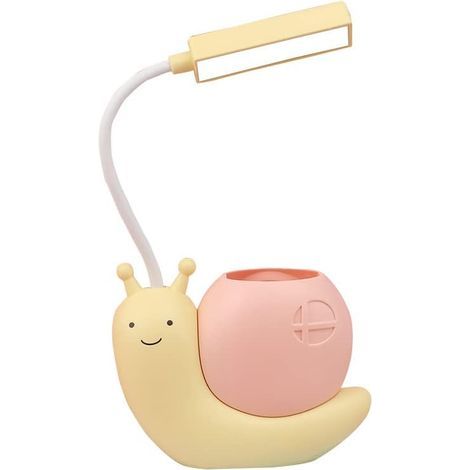 Lámpara de escritorio LED infantil con portalápices, forma de caracol, carga USB, lámpara de estudio para estudiantes, protección ocular, cuello ajustable y plegable de 360°, color amarillo. (1/5)