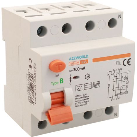 RCCB Interruttore Differenziale Puro Tipo B 3P+N 4M 10000A 300mA AC 400V IP20 IEC61008-1 / IEC62423 PR8HM, Corrente Disponibili 25A 40A 63A 100A (63A)