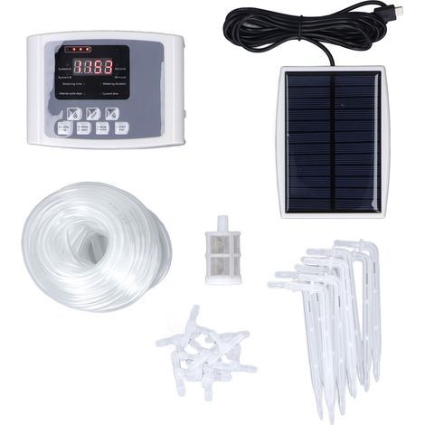 Arroseur automatique solaire pour 10 plantes - Écran digital programmable, pompe à goutte-à-goutte, recharge USB, batterie intégrée, kit complet pour intérieur et extérieur. (1/5)