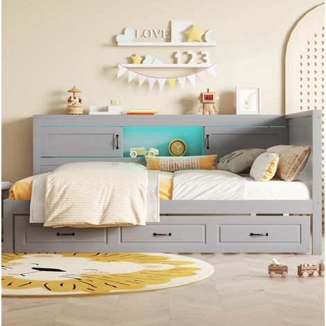 Cama juvenil con nido LED USB y almacenaje gris OKMYHOME (1/5)