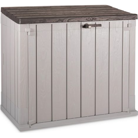 Toomax Storer Plus Baule da 842L portattrezzi da giardino 129,5x74,5x111h cm, effetto legno grigio tortora/marrone, porta bidoni spazzatura, con coperchio assistito, ideale per interni ed esterni (1/5)