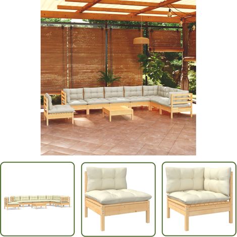 The Living Store 9-tlg. Garten-Lounge-Set mit Creme Kissen Massivholz Kiefer - Gartenzubehör - Lounge Set - Gartenmöbel - Outdoor Möbel - Rattan Gartenmöbel (1/5)