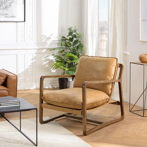 GASTON - Fauteuil incliné vintage structure bois, cuir marron (1/5)