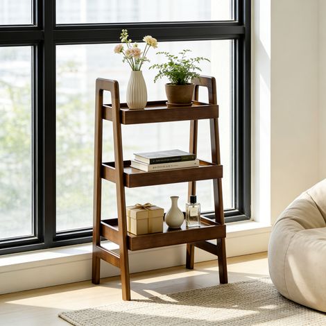 Étagère échelle en bois massif, petite étagère échelle à 3 niveaux, autoportante avec rangement ouvert, table d'appoint pour salon, chambre, bureau, coin lecture, noyer (1/4)