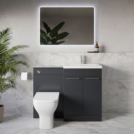 Napoli 390 Gloss Grey 1100mm 2 Door Vanity Unit Toilet Suite with Glide Basin - 1100mm - Chrome 160mm HandleWith Kingston Toilet Pan and Seat