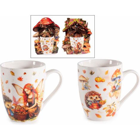 Mugs en porcelaine motif automnal en coffret cadeau façonné avec petit nœud, lot de 8, Mug : diam. 8 x H. 10,5 cm