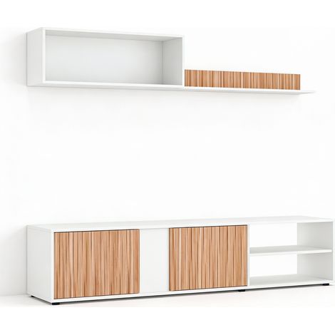 Parete Attrezzata Moderna Con Ante Mensole Vani A Giorno Mobile TV Design Moderno Moduli Sospesi Da Soggiorno Salotto Zona Living 40 x 180 x 33 Cm Colore Bianco E Rovere