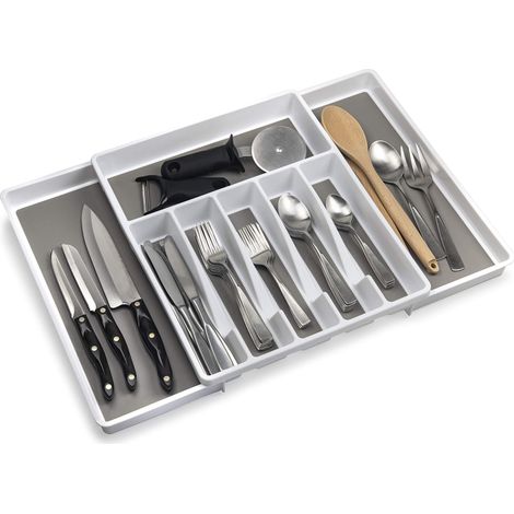 Grand organisateur de tiroir extensible à 8 compartiments antidérapants et réglables pour tiroir, organisation de cuisine pour ustensiles, couverts, plateau d'argenterie (blanc) (1/5)