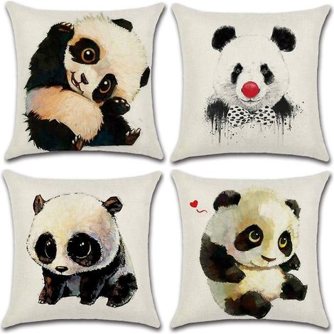 Set mit 4 Kissenbezügen und Kopfkissenhüllen aus Leinen-Polyester-Mischgewebe, 45 x 45 cm, Panda-Muster (1/5)