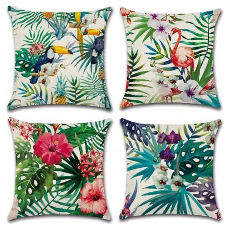 Housses de coussin 45 x 45 cm, lot de 4 housses de coussin en coton et lin pour canapé, lit, jardin, coussins de canapé (Fleur-7)