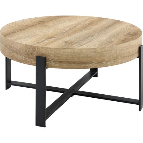 Table basse ronde 68 cm, plateau effet bois, structure croisée en métal noir, style industriel pour salon ou chambre, compacte et stable – CHICFURN (1/5)