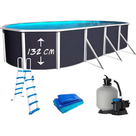 Piscine hors sol acier ovale 915x457x132cm – Parois laquées anthracite – Filtration à sable 12m³/h – Capacité 49000L – Kit complet – TOI (1/5)