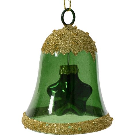 Pendaglio a forma di campana con stella verde per albero di natale h 7,5 cm (1/2)