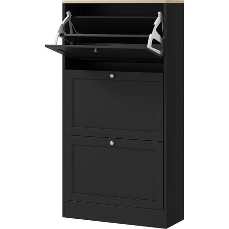 Skandinavischer Schuhschrank mit 3 Klapptüren, Platz für 18 Paar Schuhe, 60 x 23,5 x 115 cm, schwarze Holzoptik