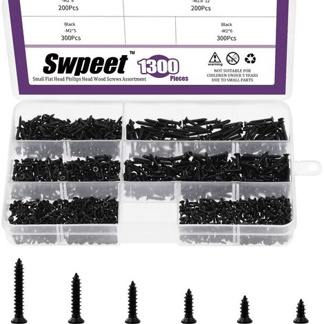 1295 PCS 5mm 6mm 8mm 10mm 12mm 16mm petit bois vis combo Kit, auto-perceuse plate vis à tête croisée vis auto-taraudeuse vis métallique vis de meubles (noir) (1/5)