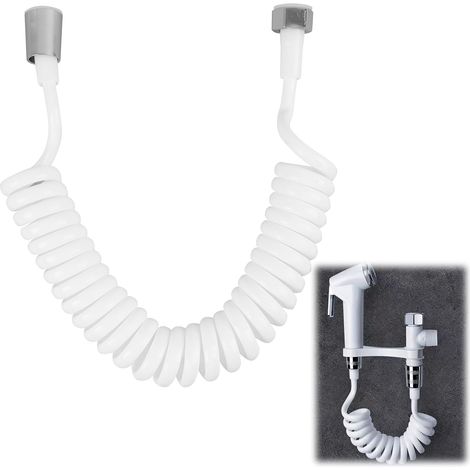 Flexible De Douche 2 Mètres, Tuyau En Mousse Avec Bouchon En Cuivre, Tuyau Rétractable Et Téléscopique Pour Douchette, Bidet Et WC, Design En Spiral Blanc, Tube À Ressort Télescopique (1/5)