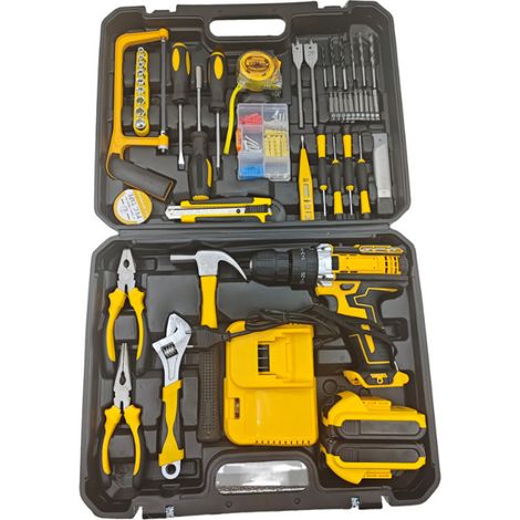 Perceuse à percussion sans fil 21V, Perceuse-visseuse électrique multifonction avec 2 batteries lithium-ion et chargeur, Tournevis électrique pour bricolage