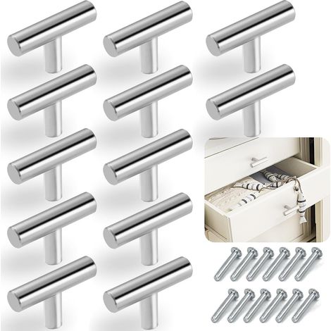 Paquete de 12 pomos y tiradores para cajones y armarios de acero inoxidable con forma de T y un solo orificio, con tornillos (plateados) (1/5)