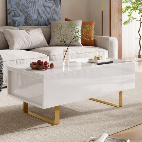 Tavolino da caffè con piano sollevabile, vano portaoggetti, cassetto e gambe in ferro, 100x50x54,5 cm, MDF bianco lucido (1/5)
