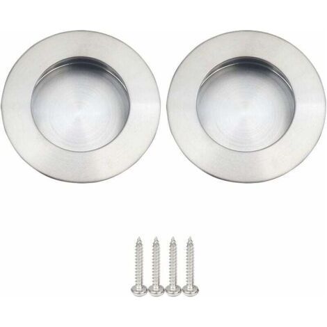 Lot de 2 Poignées Rondes Encastrables pour Porte Coulissante Acier Inoxydable Poignée Porte Coulissante Ronde Brossé Satiné -Argent (1/5)