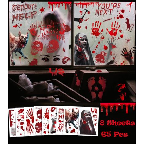 Décoration d'Halloween Images de Fenêtre Hantée, 65 Pièces Empreintes de Mains Sanglantes Autocollants Sanglants d'Halloween, Fenêtre de Décoration d'Halloween d'horreur de Fête Effrayante (1/5)
