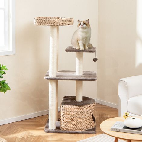 Arbre à Chat Tour pour Chat en Quenouille de 131 cm Poteaux à Gratter en Sisal Perchoir Condo Balle Suspendue Coussins Lavables Café (1/2)