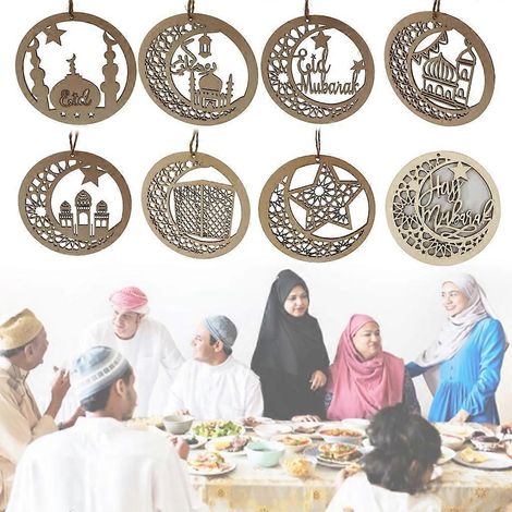 Lot de 8 pendentifs en bois pour l'Aïd Moubarak, ornements décoratifs pour le Ramadan (1/4)