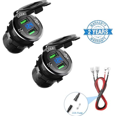 Lot de 2 Chargeur de voiture USB 12 V/24 V double QC3.0 chargeur de voiture à charge rapide adaptateur allume-cigare avec affichage LED numérique pour moto caravane camion etc (1/5)