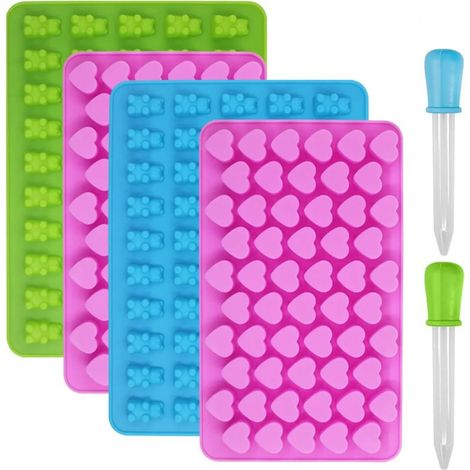 Ensemble de 4 moules à bonbons : moules en silicone pour oursons en gélatine, moules en forme de cœur et de patte d'ours, moule à chocolat, bac à glaçons, moules en silicone avec 2 pipettes pour bonbo (1/5)