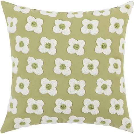 Housse de coussin en velours, housse de coussin décorative colorée, texturée, brodée avec franges, housse de coussin avec pompons, pour salon, canapé, 45 x 45 cm, serviette brodée - petite fleur verte (1/5)