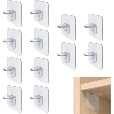 Supports d'étagères Autocollants, Chevilles de Support d'Étagère, 12 Pièces Transparent D'étagère Supports Adhésifs, Supports muraux adhésifs sans perforation, Adhésifs Support (1/5)