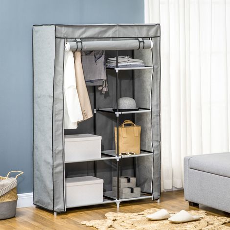 Armadio guardaroba in tessuto, 6 ripiani, 103 x 43 x 162,5 cm, grigio, DESVIAE (1/5)